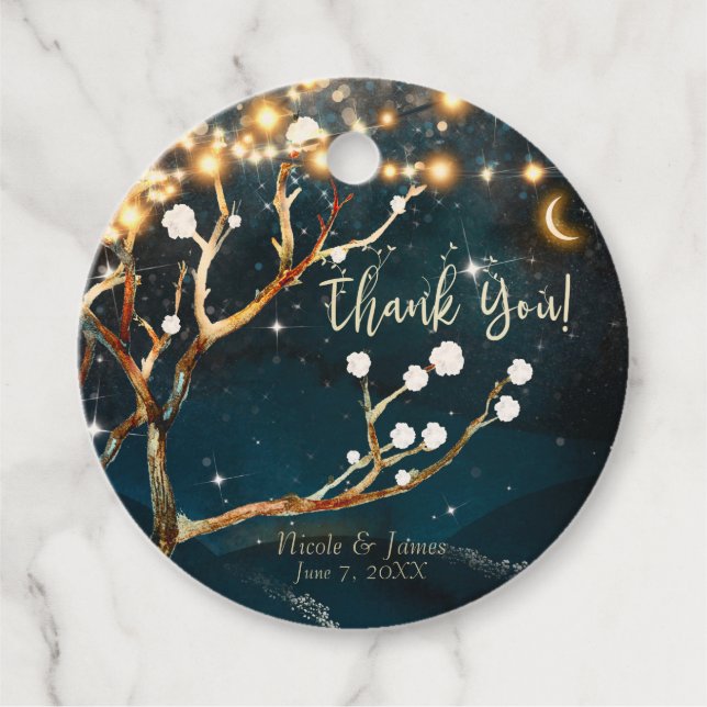 Étiquettes Cadeau Lumières d'arbre de soirée rustique Mariage de nui (Devant)