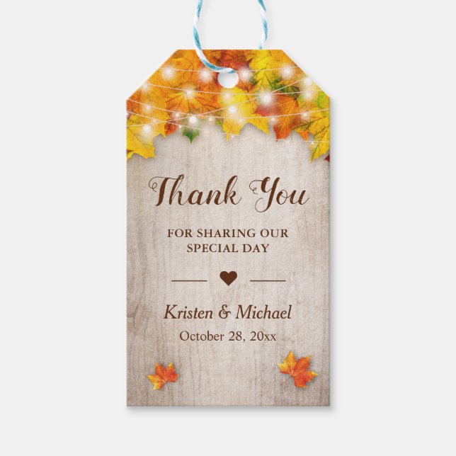 Étiquettes-cadeau Lumières de chaîne de feuilles d'érable d'or d'aut (Devant)