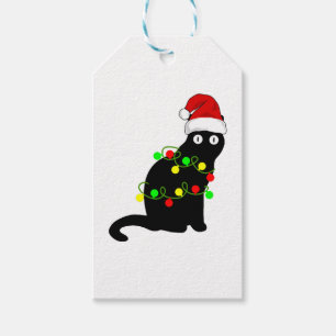 Étiquettes-cadeau Lumières de Noël de chat noir