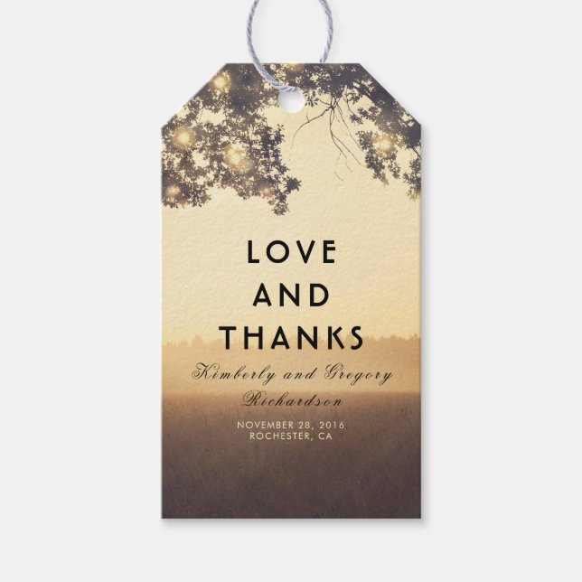 Étiquettes-cadeau Lumières et branches d'arbre Mariage rustique (Devant)