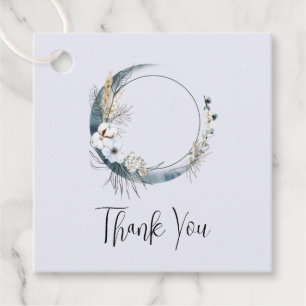 Étiquettes Cadeau Lune Croissant Bleu avec Merci Fleurs Blanches