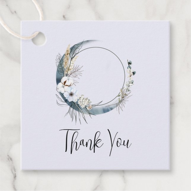 Étiquettes Cadeau Lune Croissant Bleu avec Merci Fleurs Blanches (Devant)