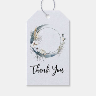 Étiquettes-cadeau Lune Croissant Bleu avec Merci Fleurs Blanches