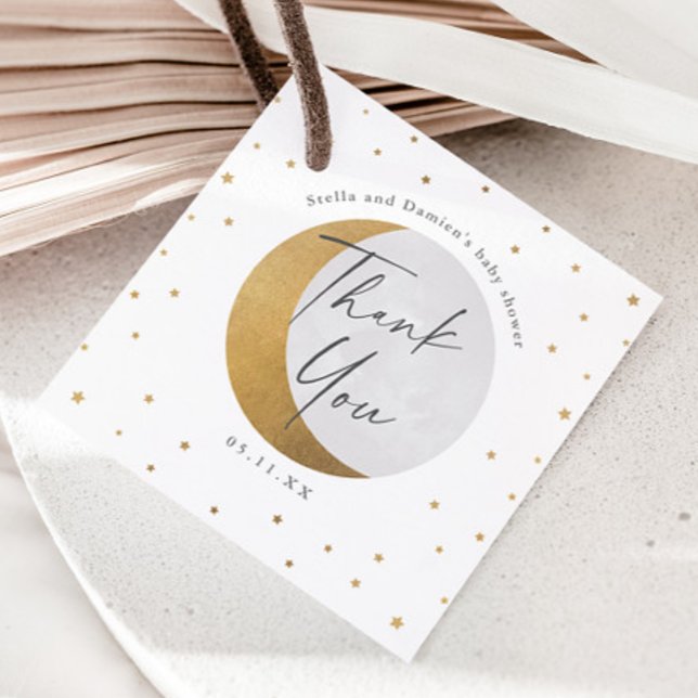 Étiquettes Cadeau Lune d'or et étoiles Baby shower Merci (Gold Moon and Stars Elegant Script Gender Neutral Baby Shower Thank You Favor Tag.)