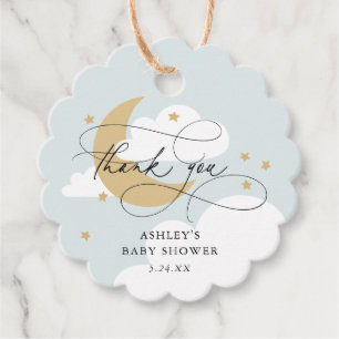 Étiquettes Cadeau Lune et étoiles Baby shower de  de script bleu Mer