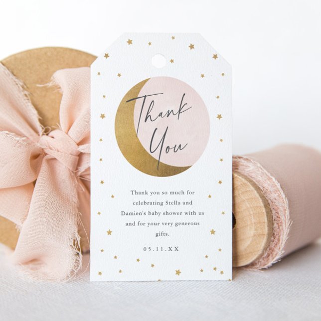 Étiquettes-cadeau Lune et étoiles baby shower merci (Elegant Gold Moon and Stars Script Pink Baby Shower Thank You Favor Tag.)