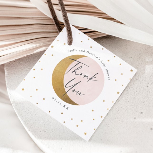 Étiquettes Cadeau Lune et étoiles baby shower merci (Gold Moon and Stars Elegant Script Pink Girls Baby Shower Thank You Favor Tag.)