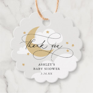 Étiquettes Cadeau Lune et étoiles Gris Script Baby shower Merci