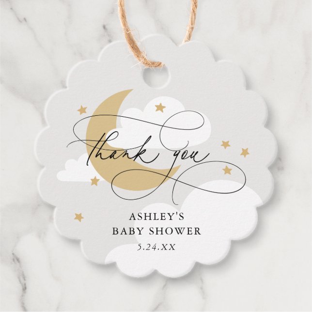 Étiquettes Cadeau Lune et étoiles Gris Script Baby shower Merci (Devant)