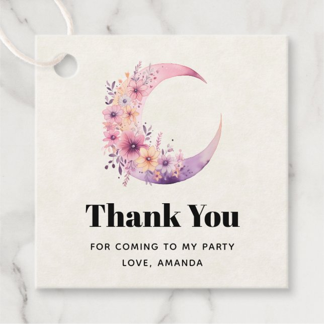 Étiquettes Cadeau Lune rose Croissant avec Merci de jolies fleurs (Devant)