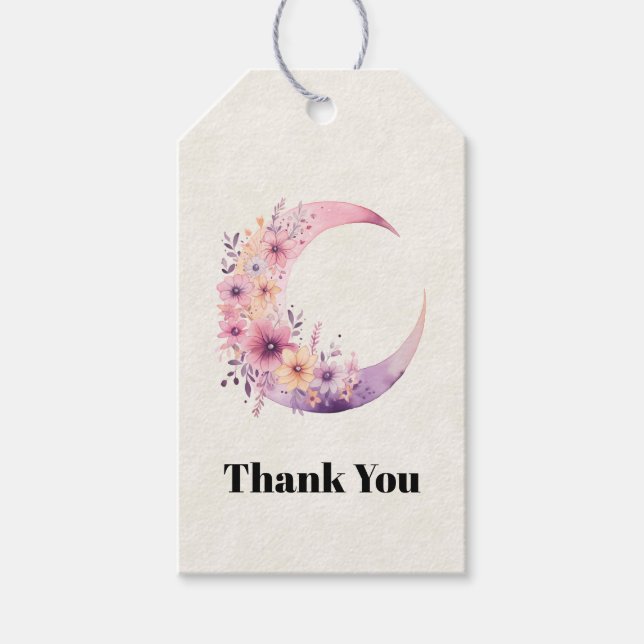 Étiquettes-cadeau Lune rose Croissant avec Merci de jolies fleurs (Devant)