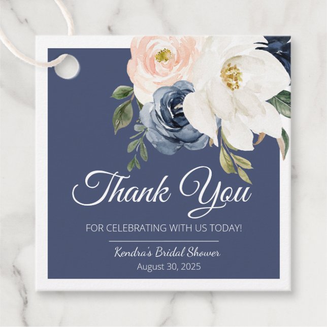 Étiquettes Cadeau Lush Magnolia Rose Bleu Marine & Blush Mariage Sho (Devant)