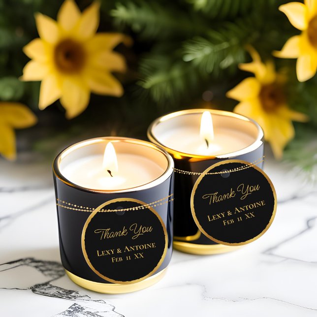 Étiquettes Cadeau Luxe Bordure Dorée Noir Merci Noms Date (Créateur téléchargé)