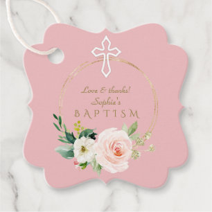 Étiquettes Cadeau Luxe rose Blush Floral Blanc Croix Baptême
