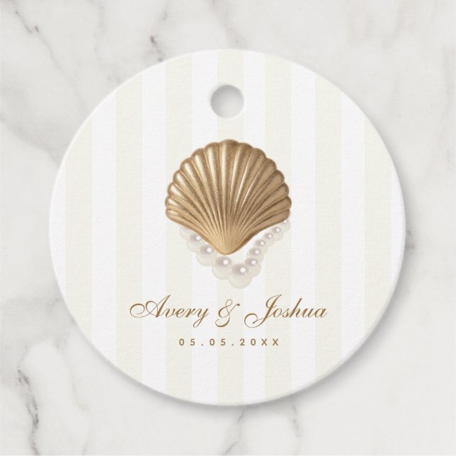 Étiquettes Cadeau Luxueux Mariage côtier Gold Seashell & Pearls (Devant)