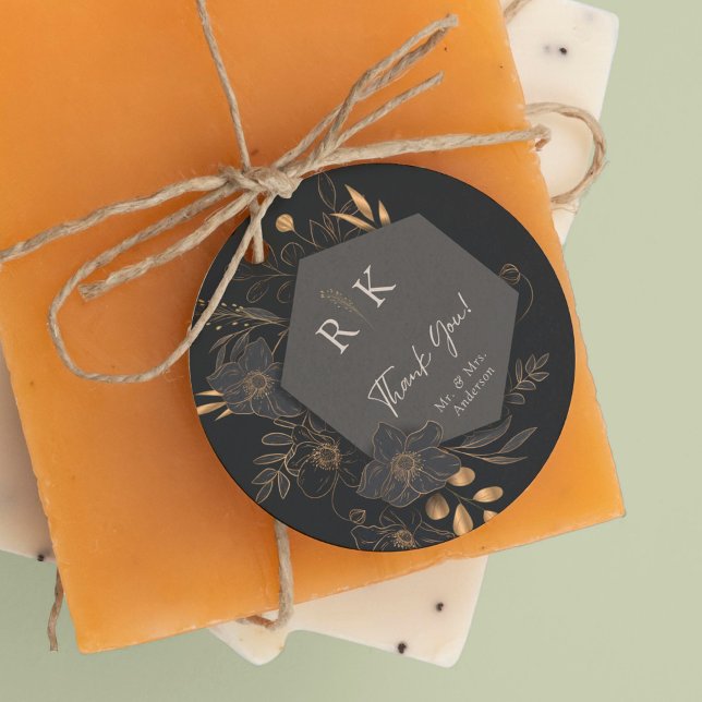 Étiquettes Cadeau Luxueux or Floral Monogramme Mariage Merci (Créateur téléchargé)