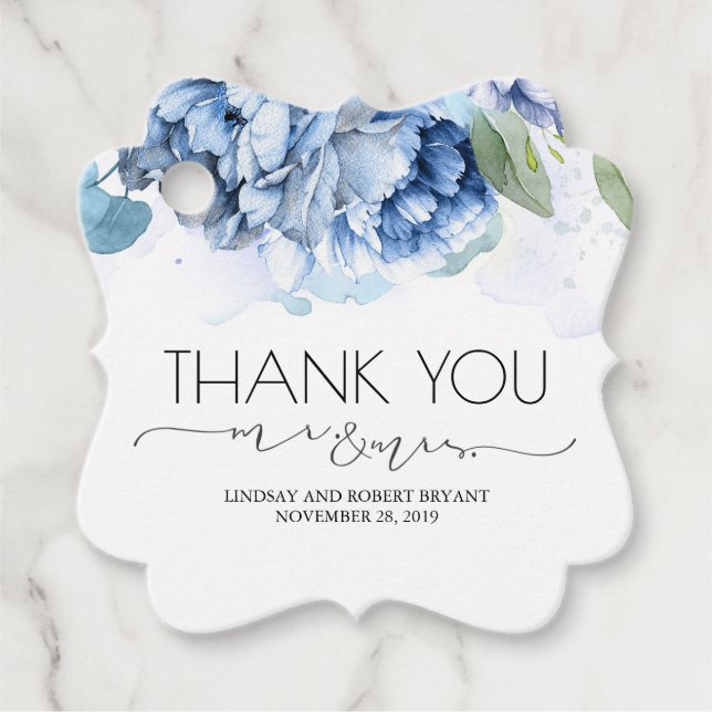 Étiquettes Cadeau M. et Mme Navy vand Blue Floral Merci (Devant)