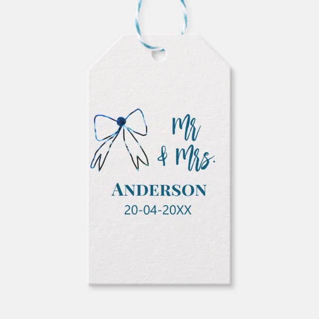 Étiquettes-cadeau M. & Mme ajouter nom date mariage faveur arc bleu  (Devant)
