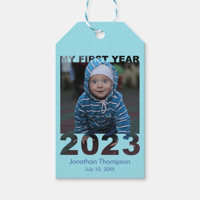 Étiquettes-cadeau Ma première année 2023 Découpe moderne bébé photo  (Devant)