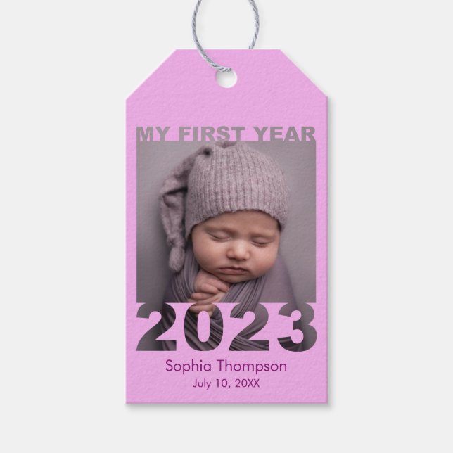 Étiquettes-cadeau Ma première année 2023 Découpe moderne bébé photo  (Devant)