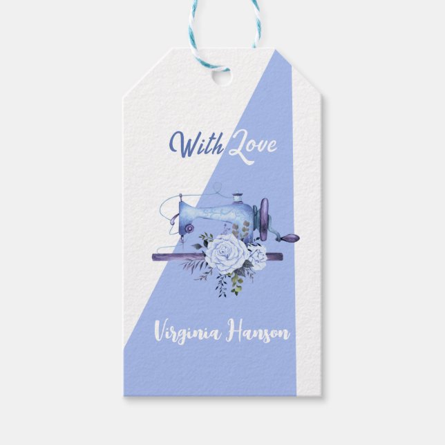 Étiquettes-cadeau Machine à coudre Florale Bleue Avec Amour (Devant)