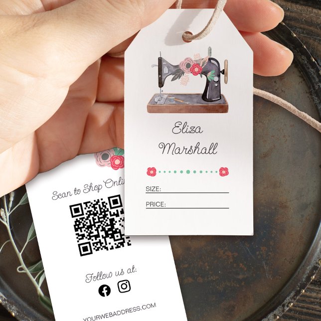 Étiquettes-cadeau Machine à coudre vintage Taille Florale Prix Hang  (Price tags with qr code social media and vintage sewing machine)