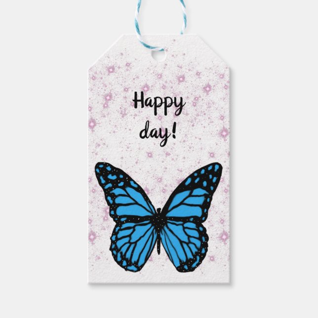Étiquettes-cadeau Magical blue butterfly pink glitter art (Devant)