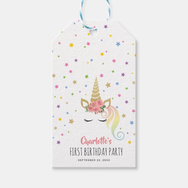 Étiquettes-cadeau Magical Girly Unicorn & Stars Personnalisé (Devant)
