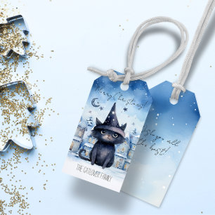 Étiquettes-cadeau Magie mignonne Magique Chat noir Aquarelle Noël