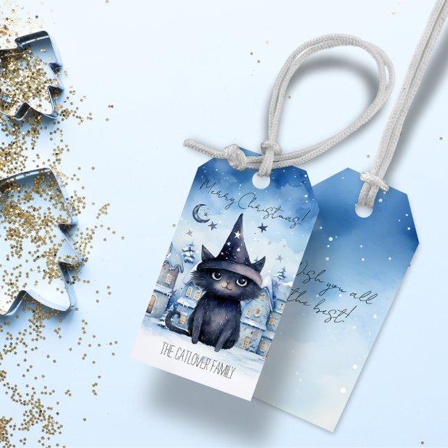 Étiquettes-cadeau Magie mignonne Magique Chat noir Aquarelle Noël (Cute Magical Wizard Black Cat Watercolor Christmas Gift Tags)