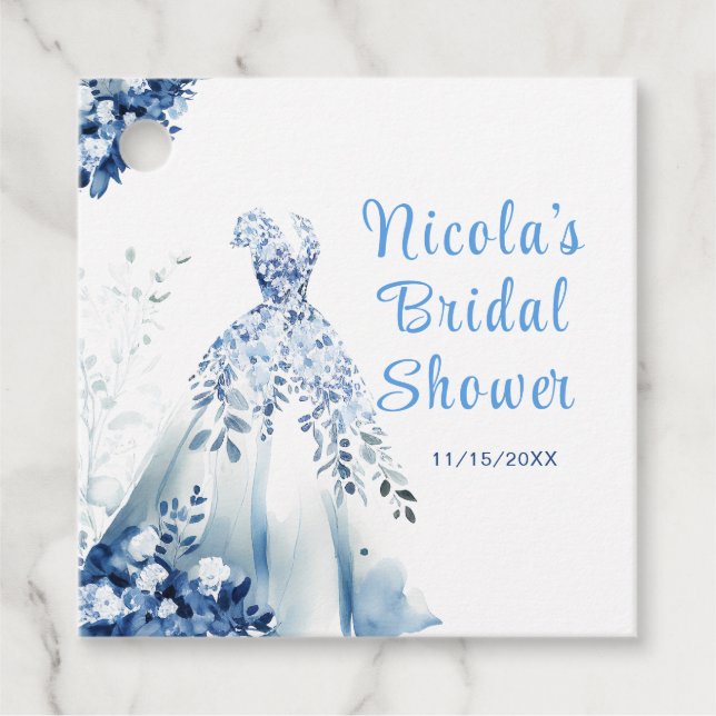 Étiquettes Cadeau Magnifique robe florale bleue pour douche de marié (Devant)