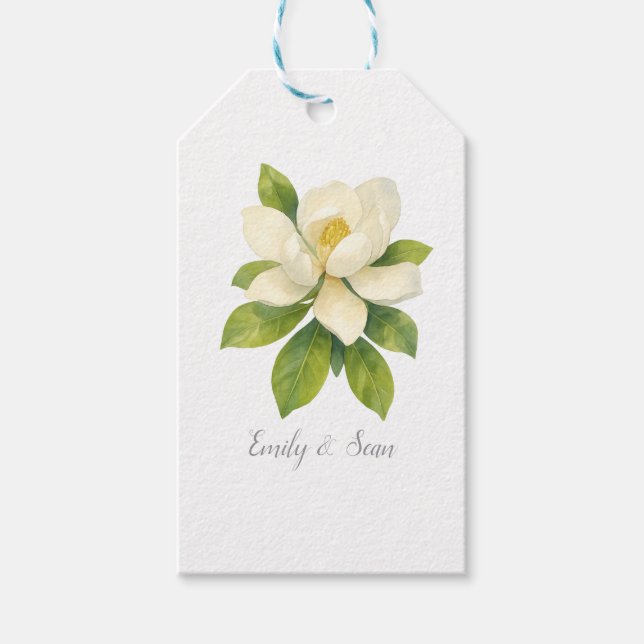 Étiquettes-cadeau Magnolia Fleur Personnalisée Monogramme de Mariage (Devant)