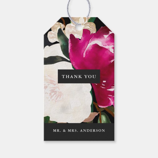 Étiquettes-cadeau Magnolia peint sur noir | MERCI MARIAGE (Devant)