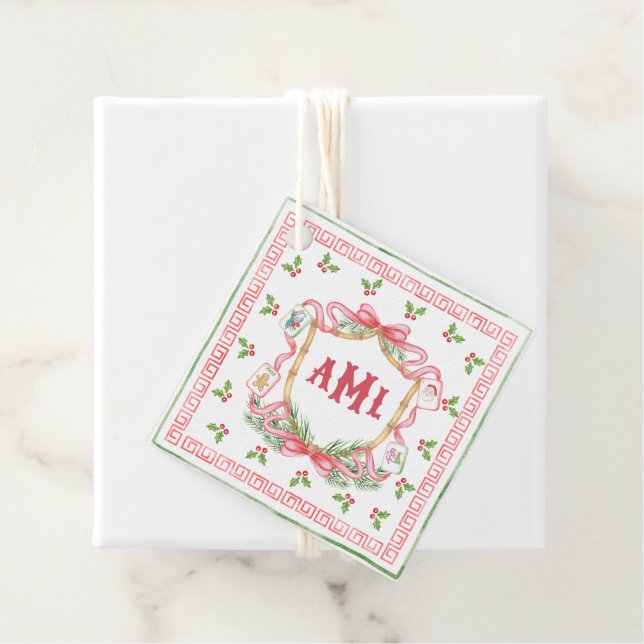 Étiquettes Cadeau Mahjong de Noël | Monogramme (En situation)