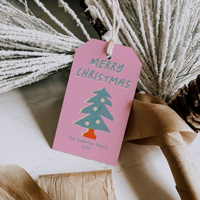 Étiquettes-cadeau Main dessinée Bleu Vert sapin de Noël Funky (Créateur téléchargé)