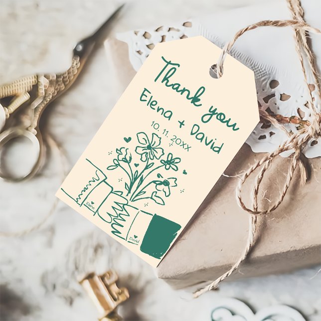 Étiquettes-cadeau Main Whimsical tiré bleu Mariage Floral Merci (Créateur téléchargé)