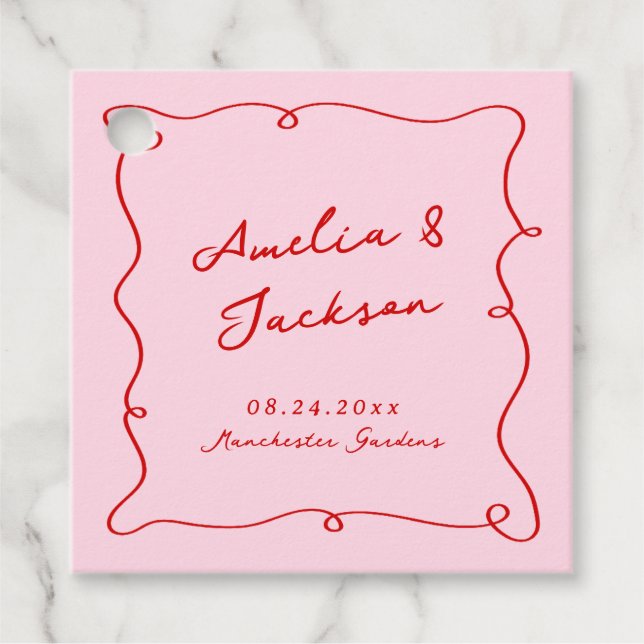 Étiquettes Cadeau Main Whimsical tirée rose et Mariage rouge (Devant)