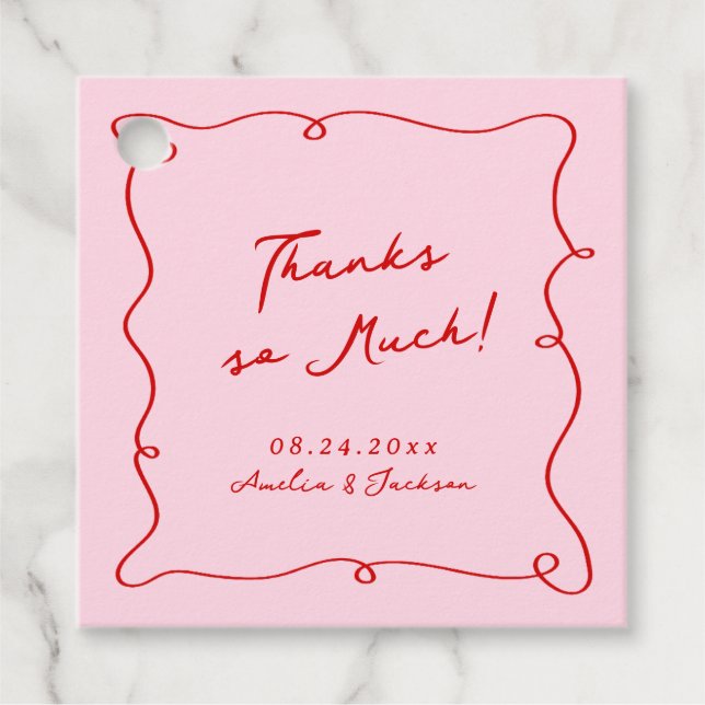 Étiquettes Cadeau Main Whimsical tirée rose et Merci Mariage rouge (Devant)
