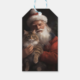 Étiquettes-cadeau Maine Coon avec Noël Festif du Père Noël