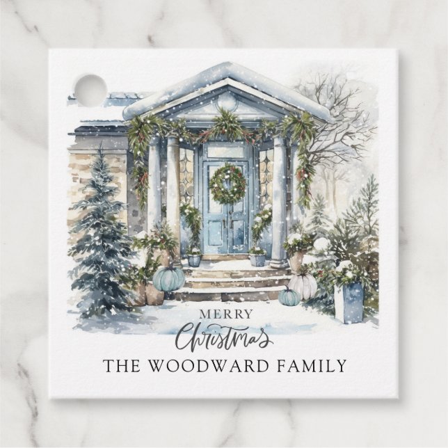 Étiquettes Cadeau Maison de Noël décorée en hiver (Devant)
