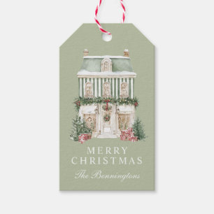Étiquettes-cadeau Maison de Noël rayée à l'aquarelle personnalisée