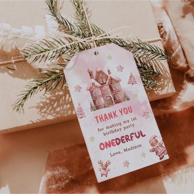 Étiquettes-cadeau Maison en pain d'épices rose Noël Premier Annivers (Créateur téléchargé)
