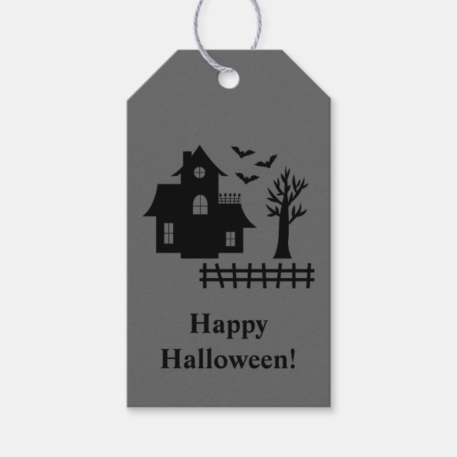 Étiquettes-cadeau Maison Hantée Et Joyeux Halloween Texte Gris (Devant)