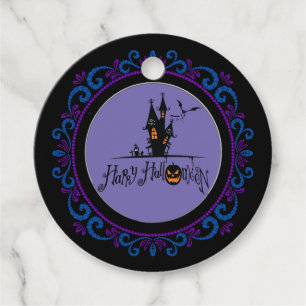 Étiquettes Cadeau Maison Hantée Halloween Bleu Violet Heureux