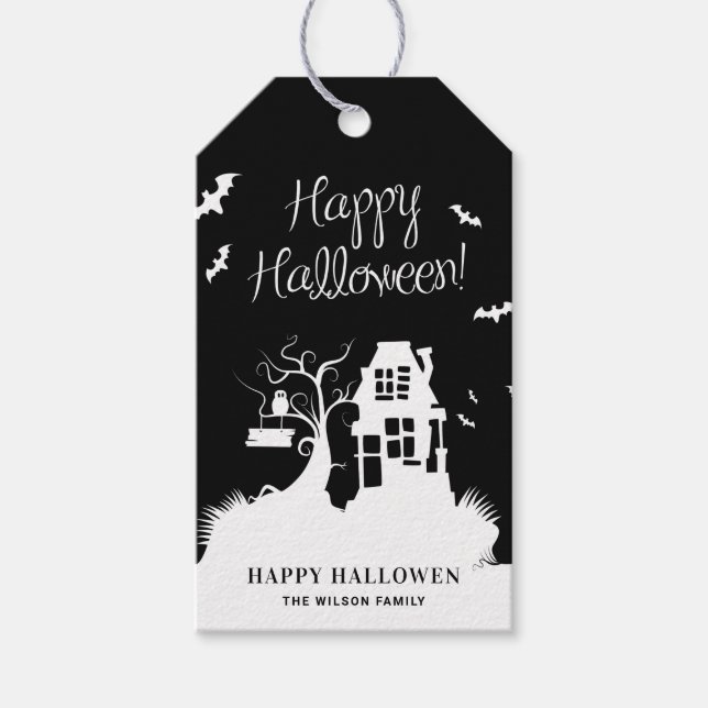 Étiquettes-cadeau Maison hantée noir et blanc pour fête d'Halloween (Devant)