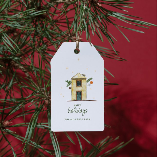 Étiquettes-cadeau Maison Joyeuses Fêtes à l'aquarelle  (Personalized Watercolor Happy Holidays House Gift Tags. Custom Christmas gift tags.)