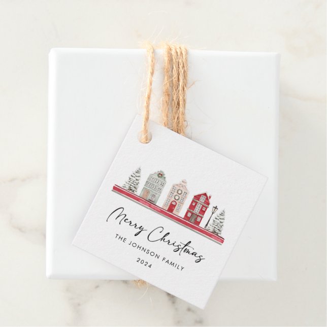 Étiquettes Cadeau Maisons de Noël traditionnelles (En situation)