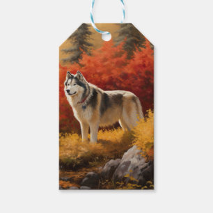 Étiquettes-cadeau Malamute d'Alaska dans les feuilles d'automne qui