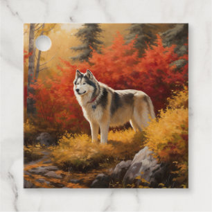 Étiquettes Cadeau Malamute en Alaska à l'automne Feuilles automne in