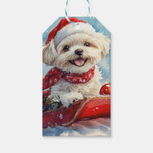 Étiquettes-cadeau Malti Tzu Chien en Traîneau Qu'il neige Noël